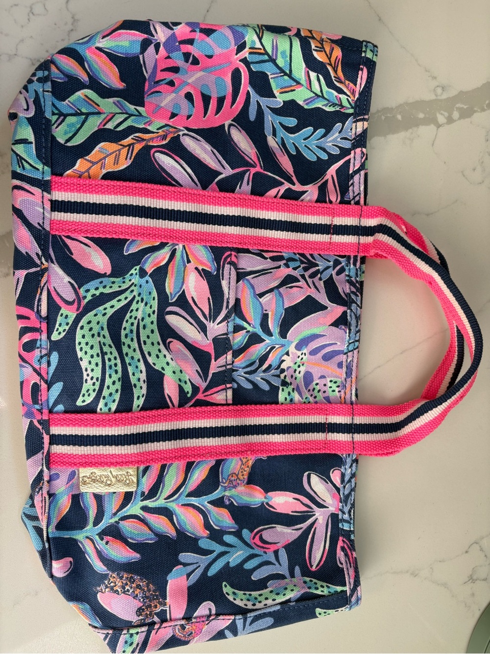 Lilly Pulitzer Mini Mercator Toe | Navy Tropical Print with Pink Trim